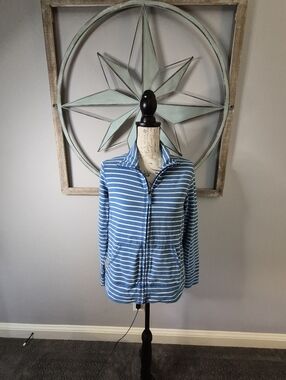 L.L. Bean Women's Ultrasoft Sweats Full Zip Jacket Blue & White Stripe - MP